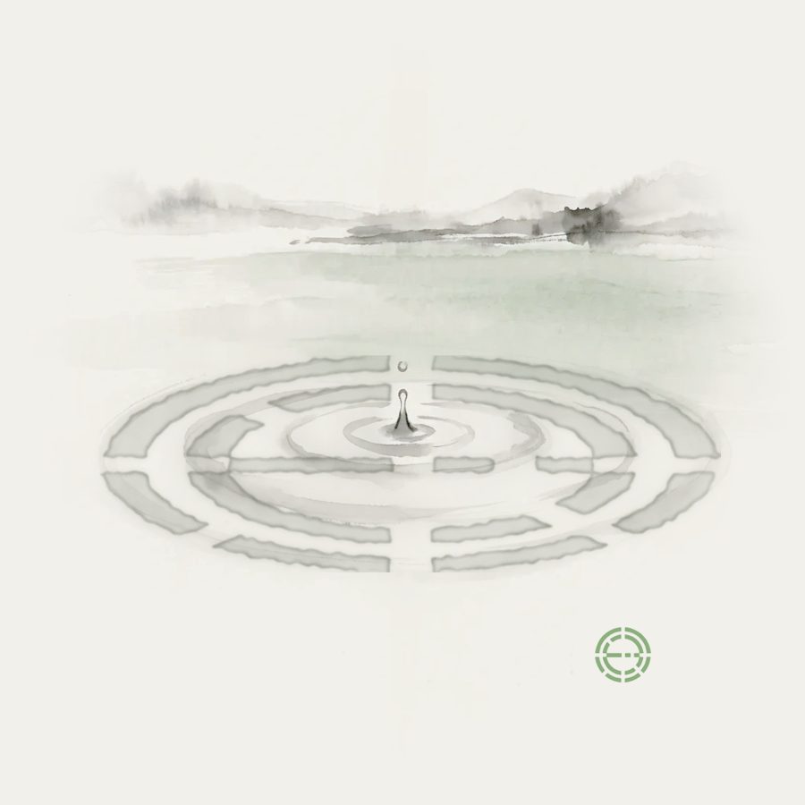 Ink-wash painting of a still lake with a drop falling into it; the ripples form the Unified Acupuncture Theory mark